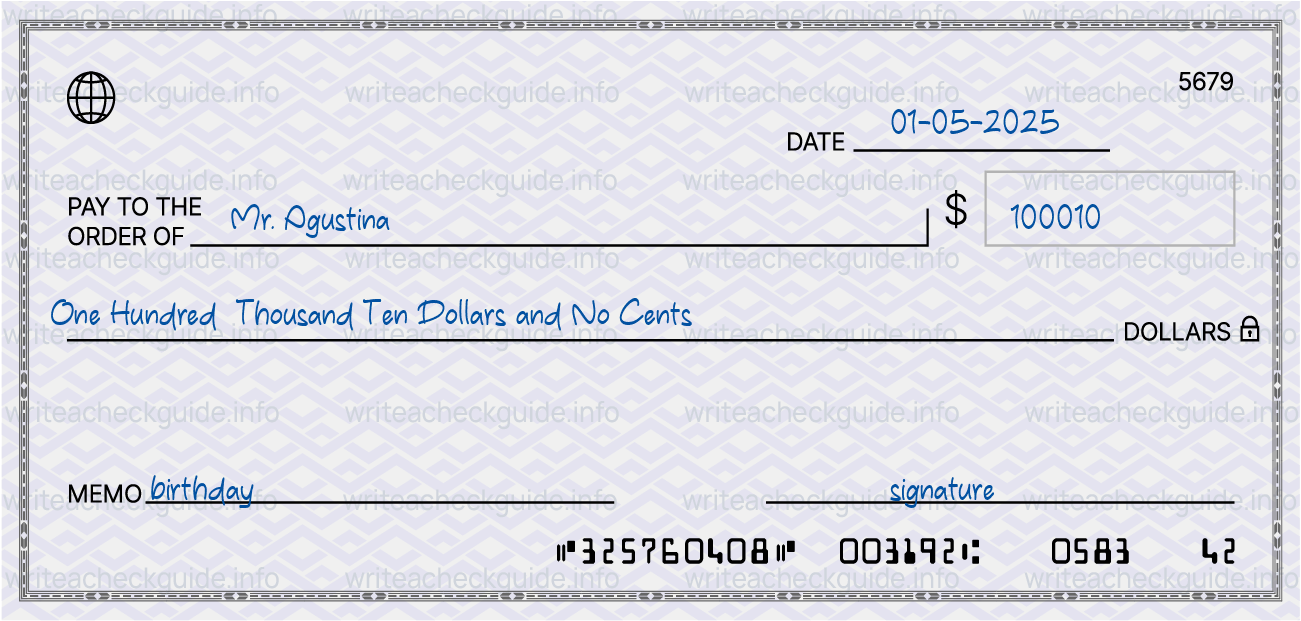 Filled check for 100010 dollars payable to Mr. Agustina on 01-05-2025