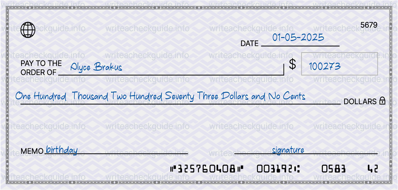 Filled check for 100273 dollars payable to Alyce Brakus on 01-05-2025