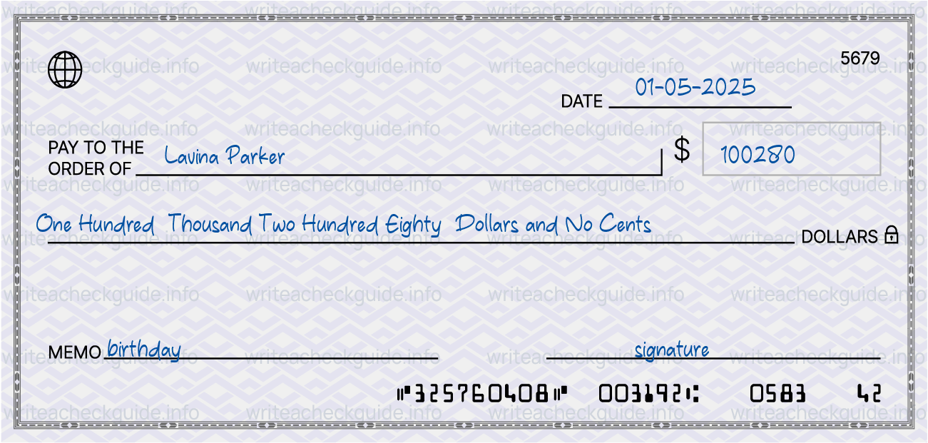 Filled check for 100280 dollars payable to Lavina Parker on 01-05-2025