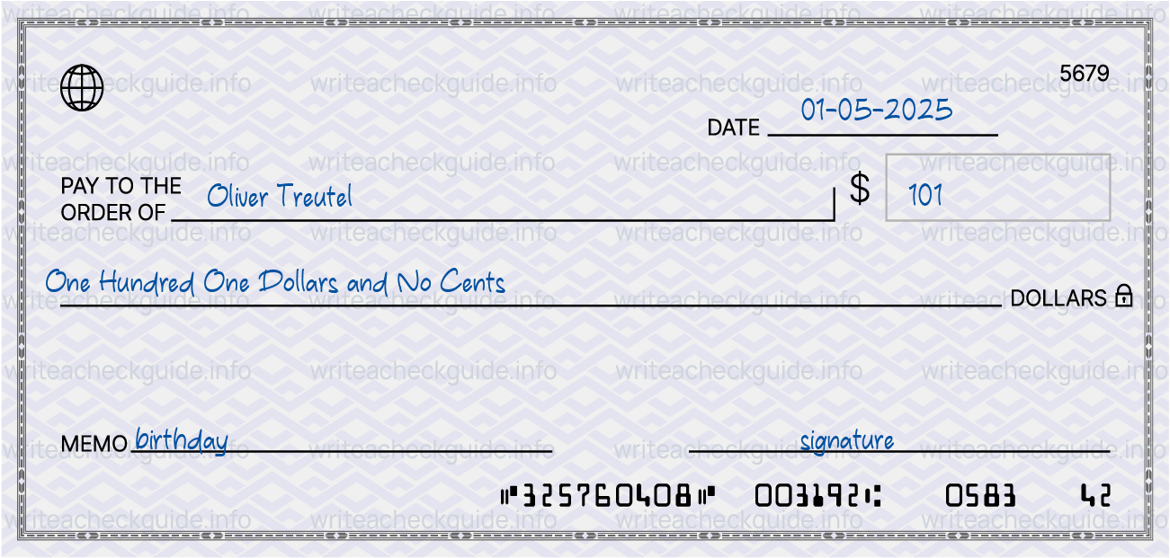 Filled check for 101 dollars payable to Oliver Treutel on 01-05-2025