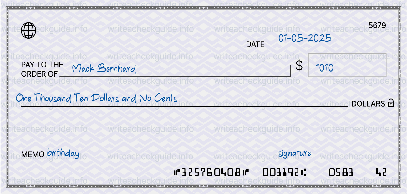 Filled check for 1010 dollars payable to Mack Bernhard on 01-05-2025