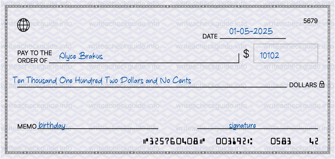 Filled check for 10102 dollars payable to Alyce Brakus on 01-05-2025