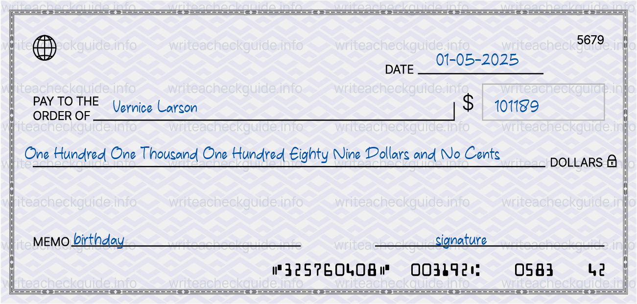 Filled check for 101189 dollars payable to Vernice Larson on 01-05-2025