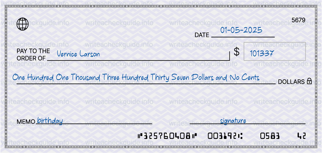 Filled check for 101337 dollars payable to Vernice Larson on 01-05-2025