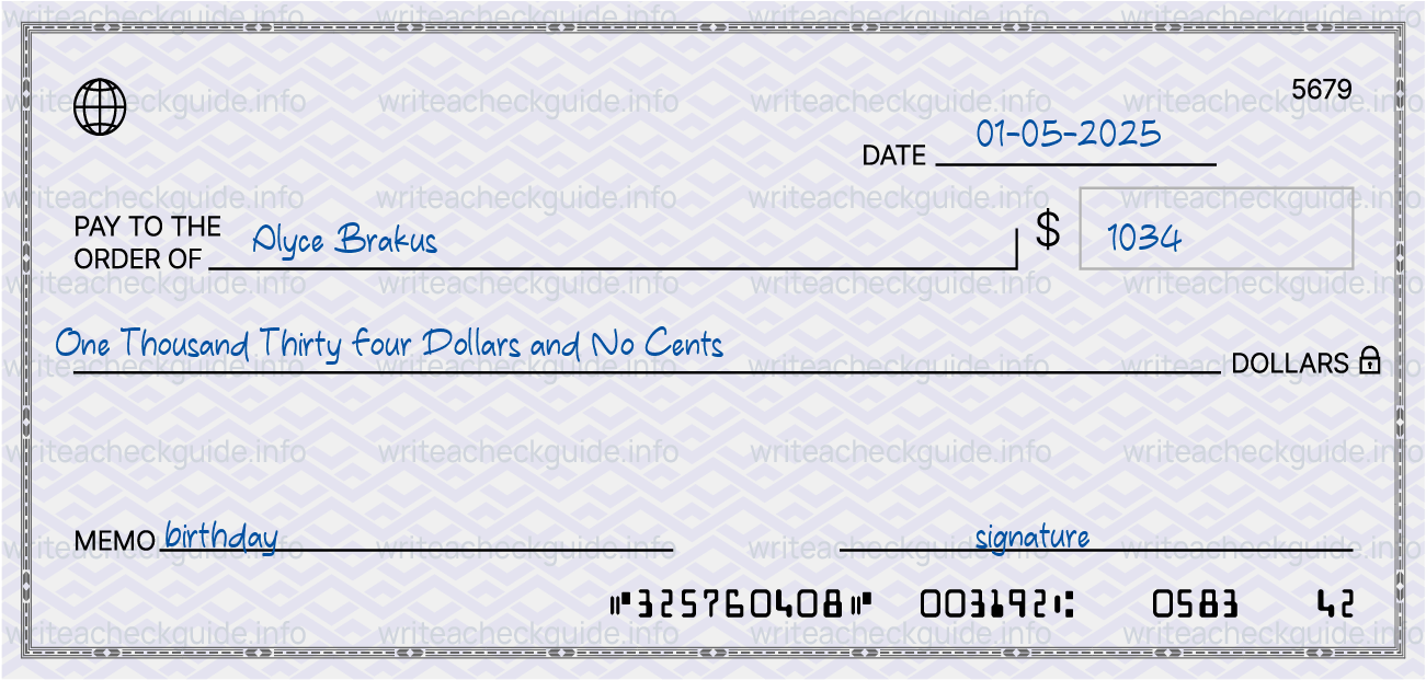 Filled check for 1034 dollars payable to Alyce Brakus on 01-05-2025