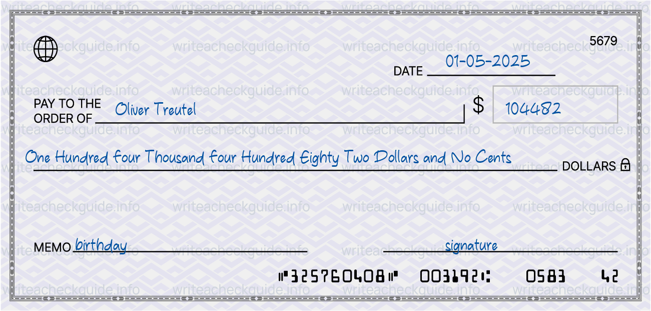 Filled check for 104482 dollars payable to Oliver Treutel on 01-05-2025