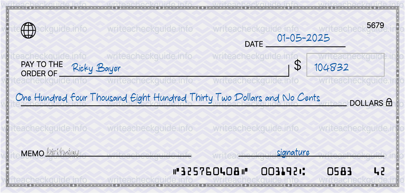 Filled check for 104832 dollars payable to Ricky Bayer on 01-05-2025