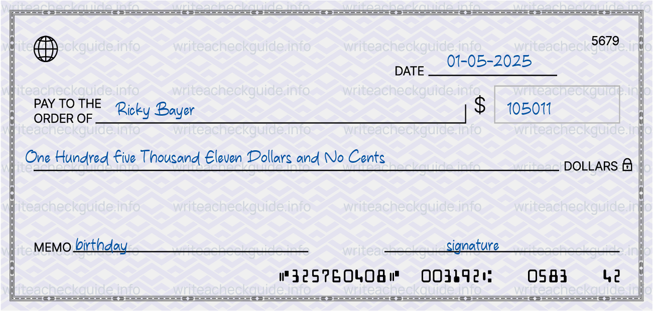 Filled check for 105011 dollars payable to Ricky Bayer on 01-05-2025