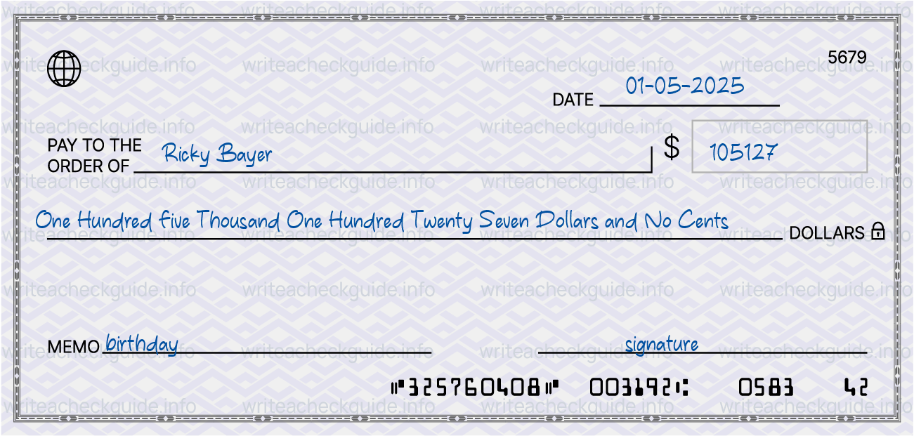 Filled check for 105127 dollars payable to Ricky Bayer on 01-05-2025