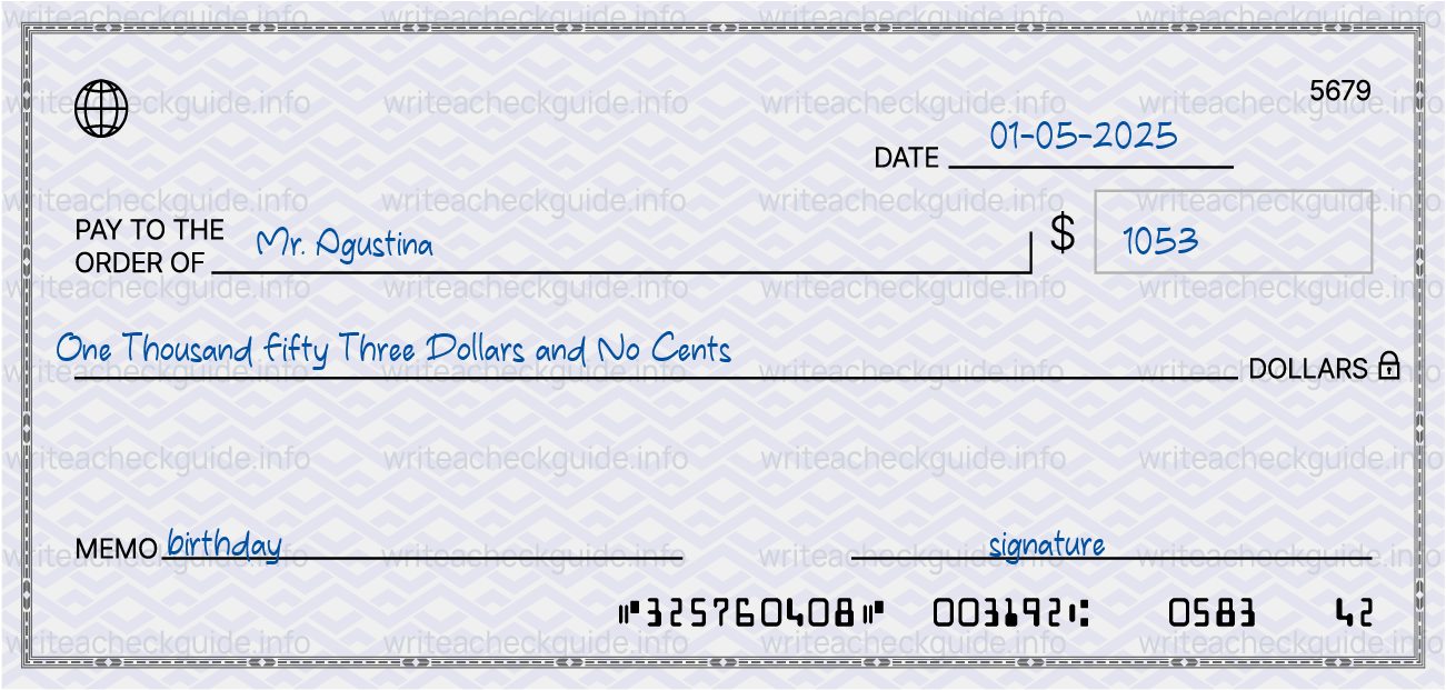 Filled check for 1053 dollars payable to Mr. Agustina on 01-05-2025