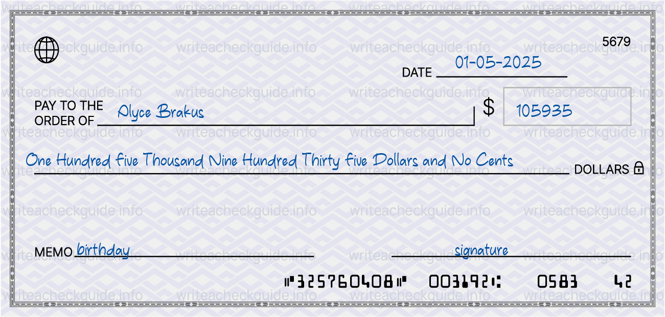 Filled check for 105935 dollars payable to Alyce Brakus on 01-05-2025