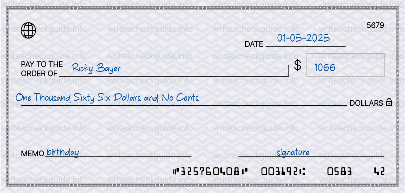 Filled check for 1066 dollars payable to Ricky Bayer on 01-05-2025