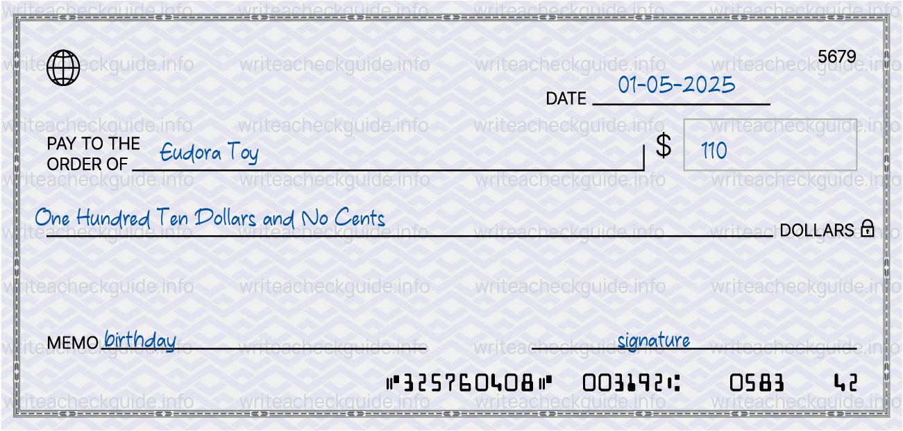 Filled check for 110 dollars payable to Eudora Toy on 01-05-2025