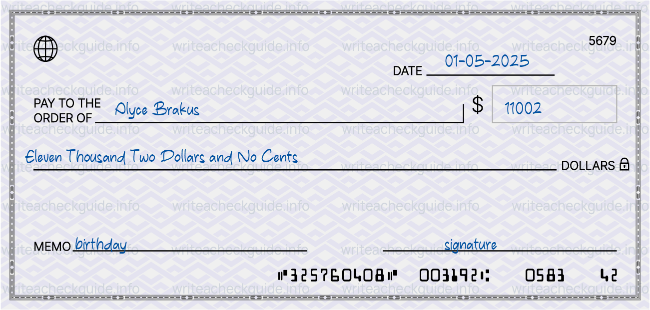 Filled check for 11002 dollars payable to Alyce Brakus on 01-05-2025