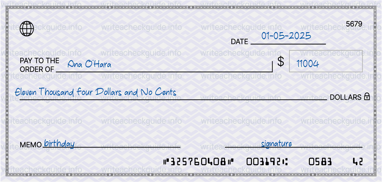 Filled check for 11004 dollars payable to Ana O'Hara on 01-05-2025