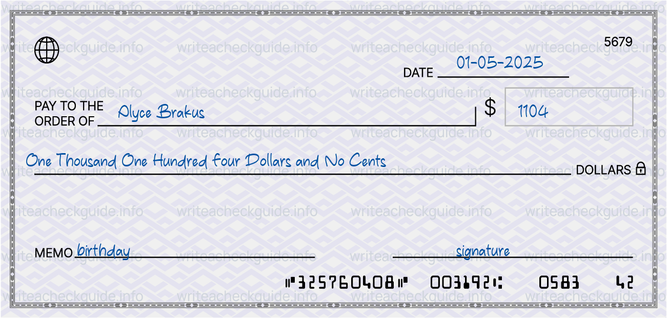 Filled check for 1104 dollars payable to Alyce Brakus on 01-05-2025