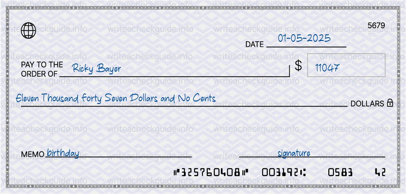 Filled check for 11047 dollars payable to Ricky Bayer on 01-05-2025