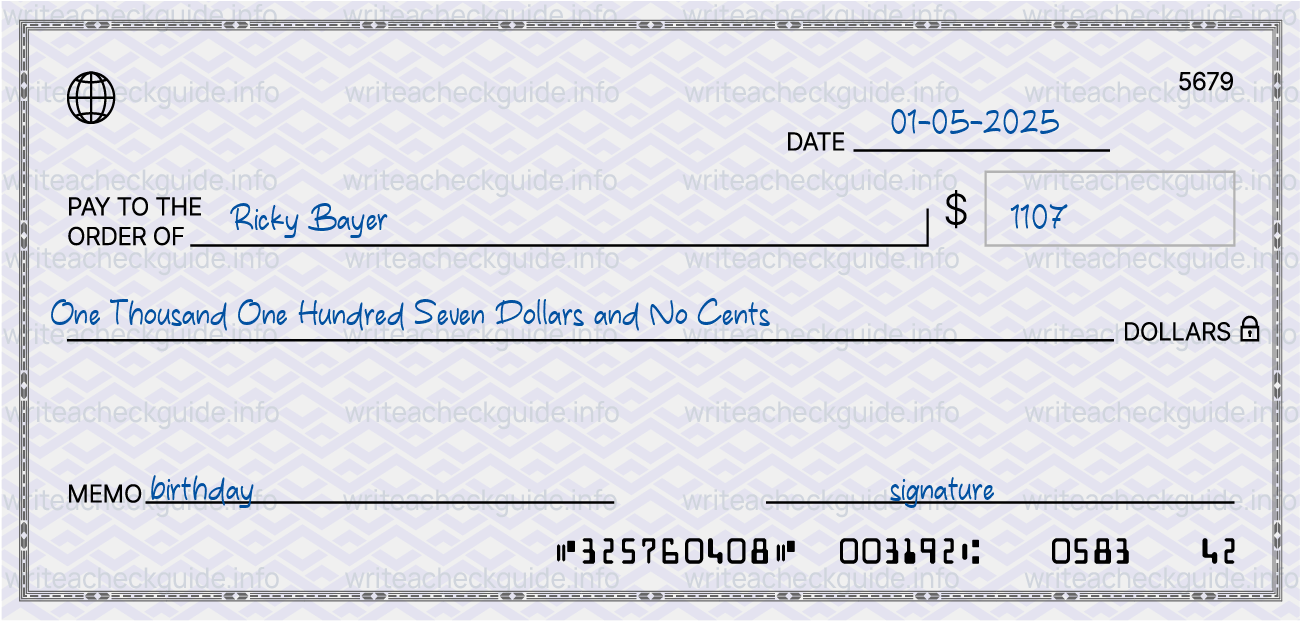 Filled check for 1107 dollars payable to Ricky Bayer on 01-05-2025