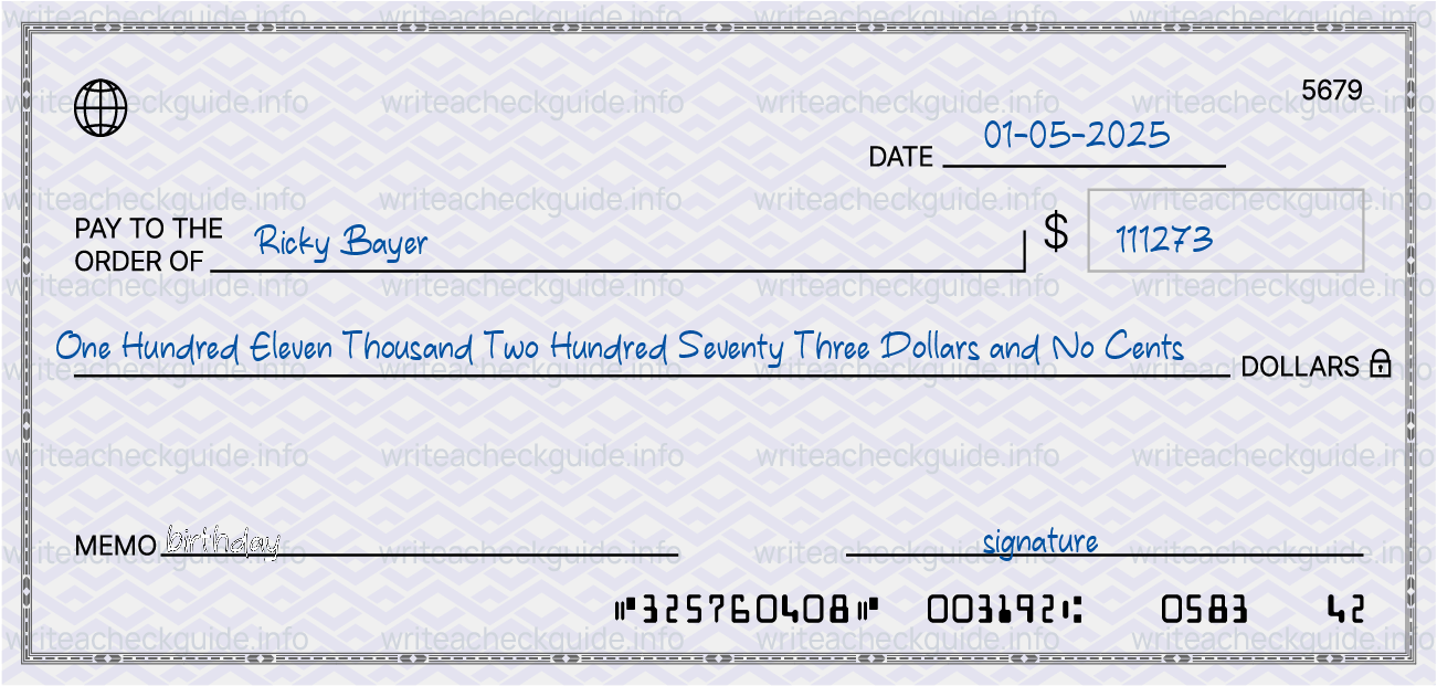 Filled check for 111273 dollars payable to Ricky Bayer on 01-05-2025