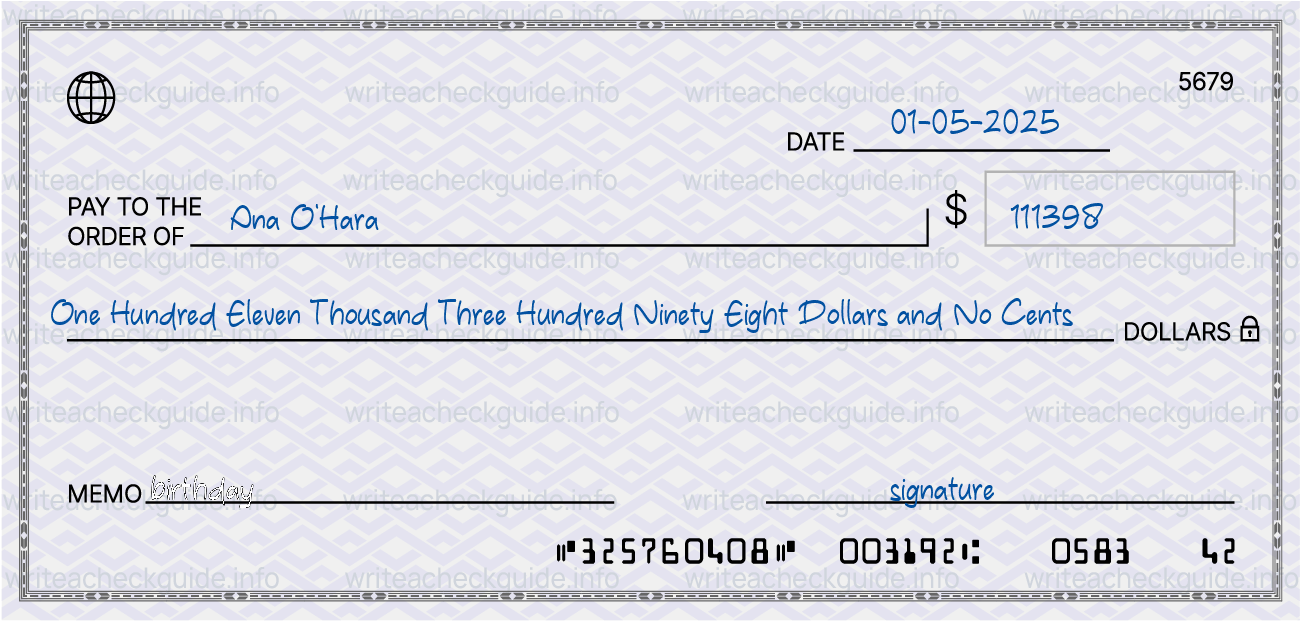 Filled check for 111398 dollars payable to Ana O'Hara on 01-05-2025