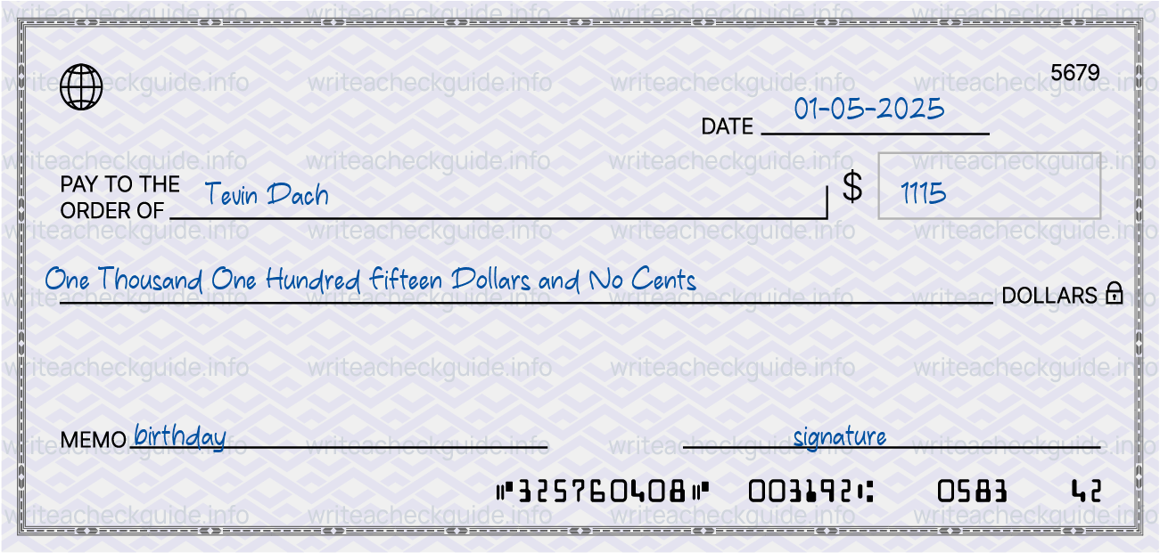 Filled check for 1115 dollars payable to Tevin Dach on 01-05-2025