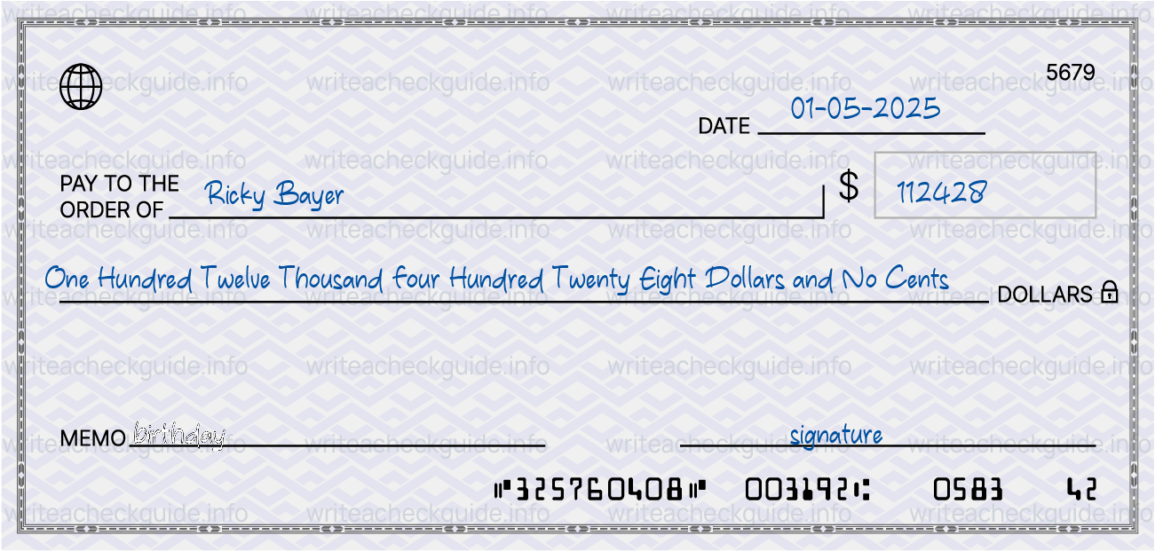 Filled check for 112428 dollars payable to Ricky Bayer on 01-05-2025