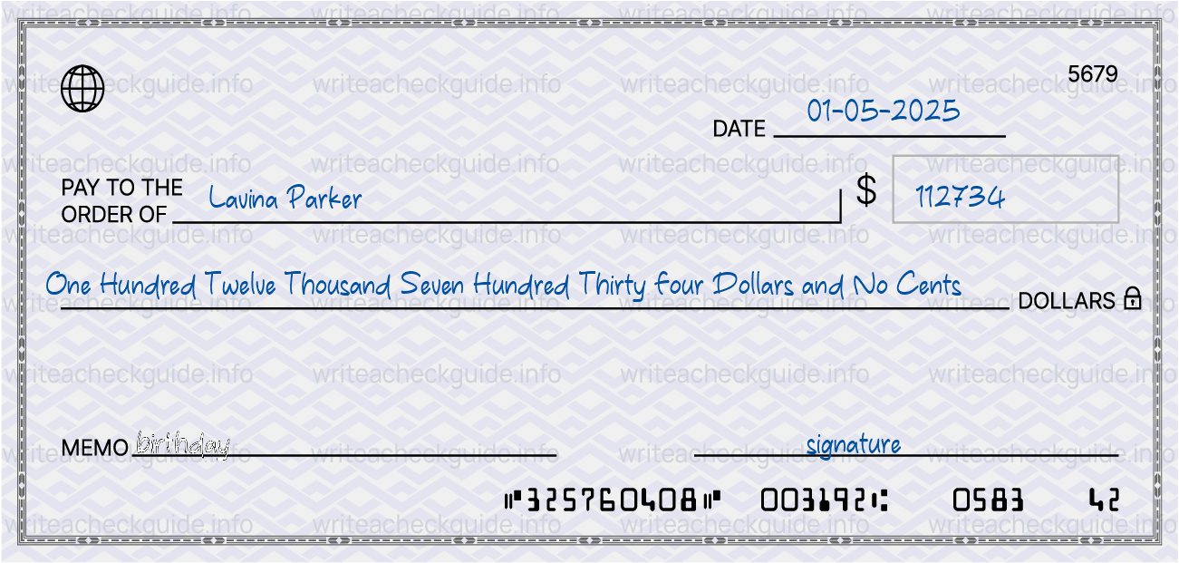 Filled check for 112734 dollars payable to Lavina Parker on 01-05-2025