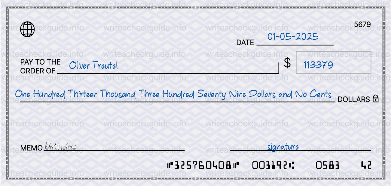 Filled check for 113379 dollars payable to Oliver Treutel on 01-05-2025