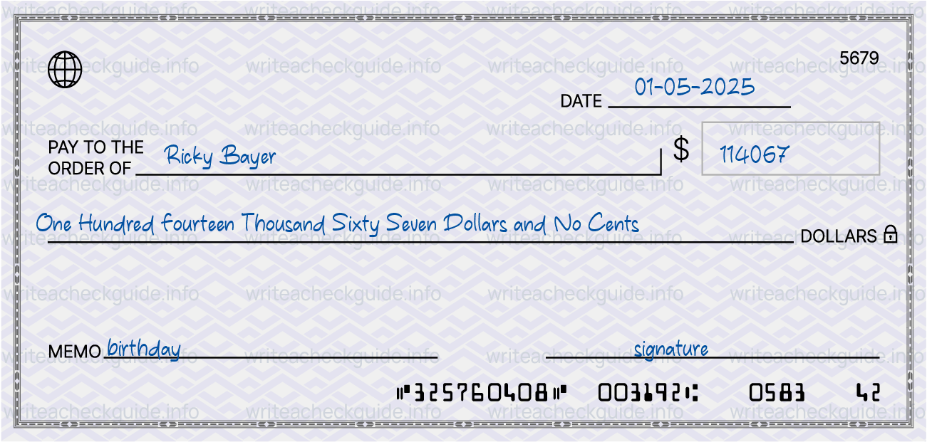 Filled check for 114067 dollars payable to Ricky Bayer on 01-05-2025