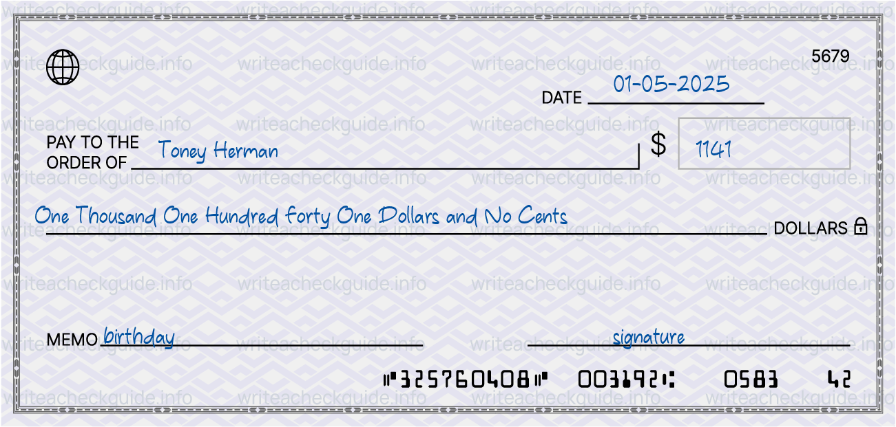 Filled check for 1141 dollars payable to Toney Herman on 01-05-2025