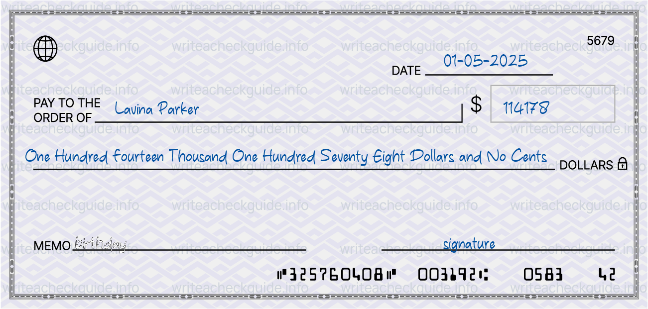 Filled check for 114178 dollars payable to Lavina Parker on 01-05-2025