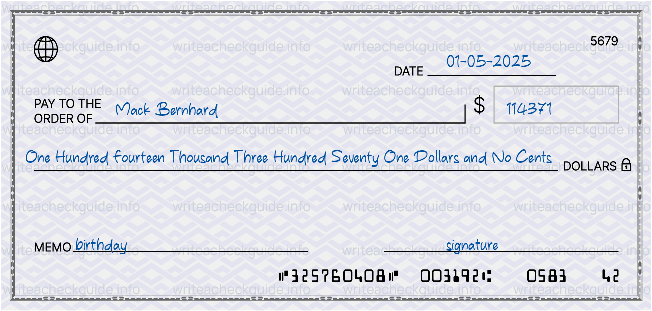 Filled check for 114371 dollars payable to Mack Bernhard on 01-05-2025