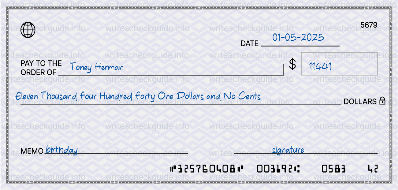 Filled check for 11441 dollars payable to Toney Herman on 01-05-2025