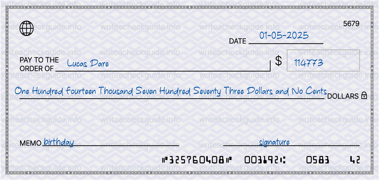 Filled check for 114773 dollars payable to Lucas Dare on 01-05-2025