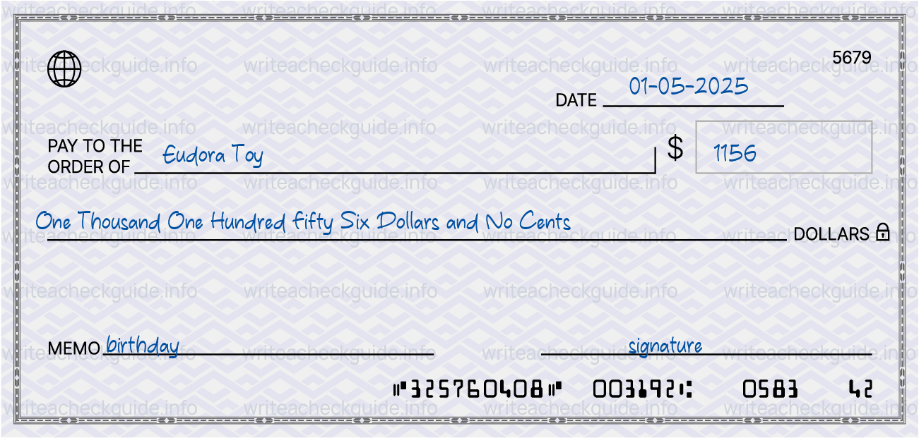 Filled check for 1156 dollars payable to Eudora Toy on 01-05-2025