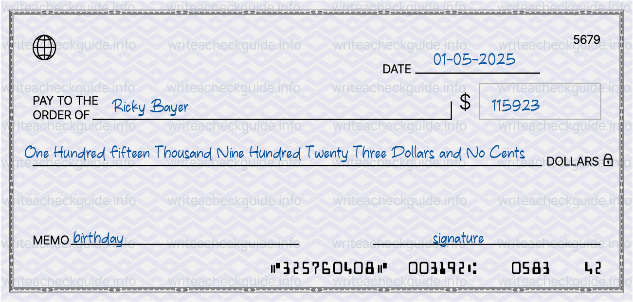 Filled check for 115923 dollars payable to Ricky Bayer on 01-05-2025