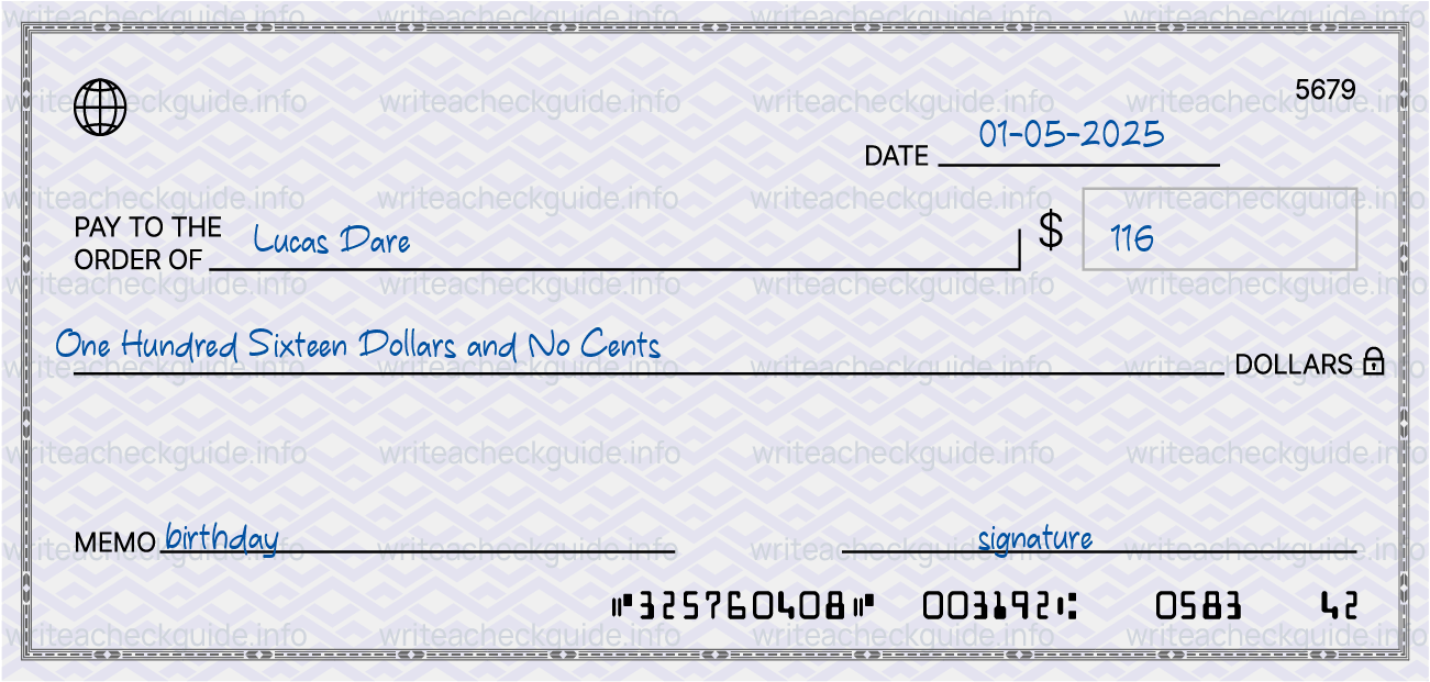 Filled check for 116 dollars payable to Lucas Dare on 01-05-2025