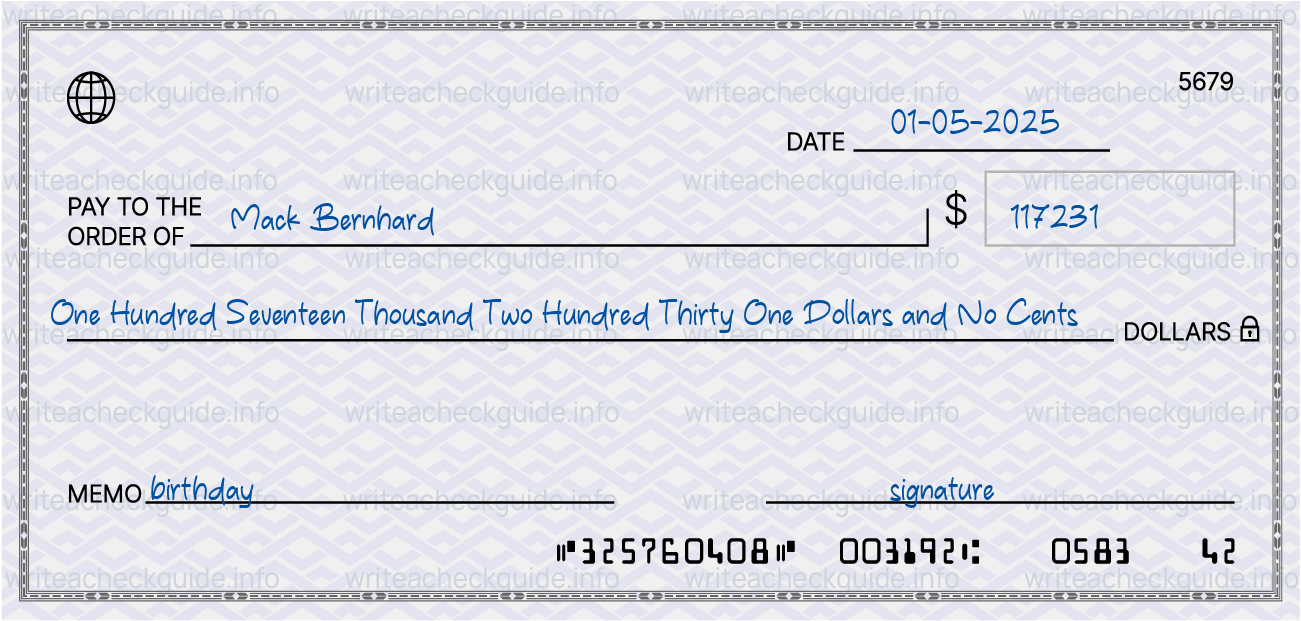 Filled check for 117231 dollars payable to Mack Bernhard on 01-05-2025