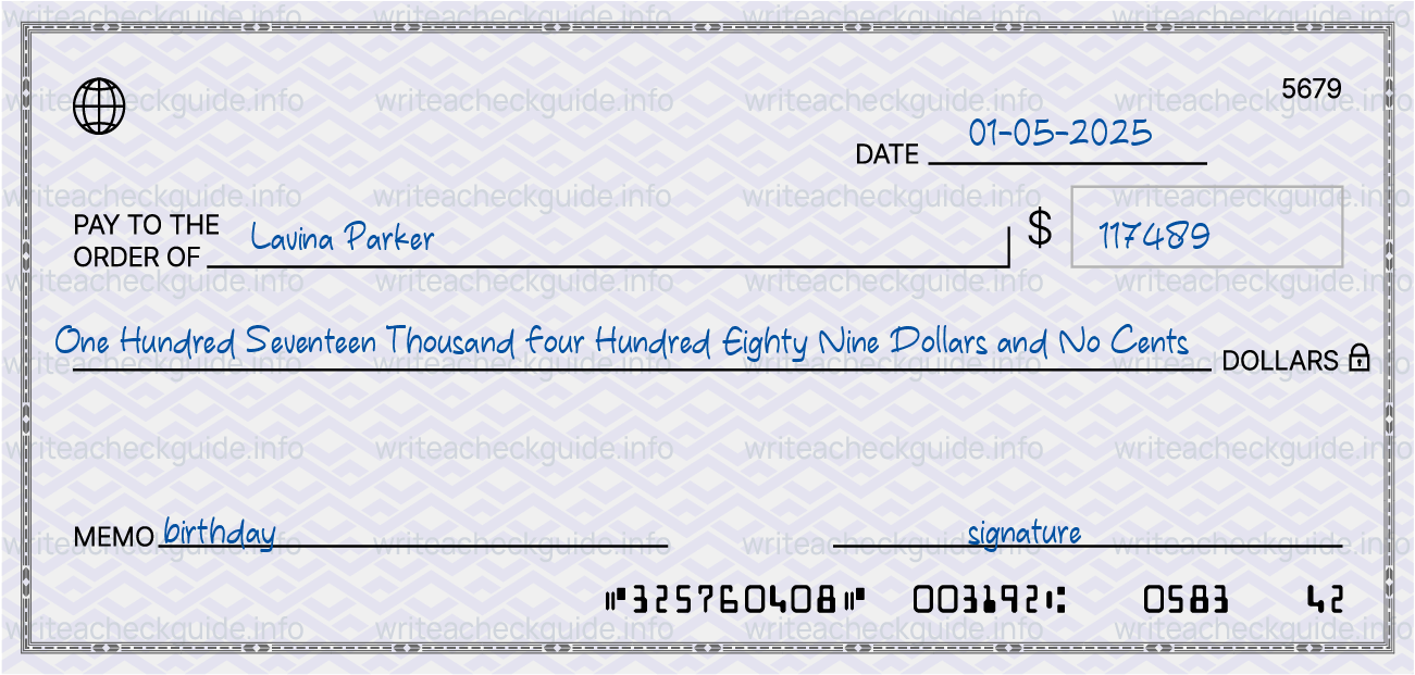 Filled check for 117489 dollars payable to Lavina Parker on 01-05-2025