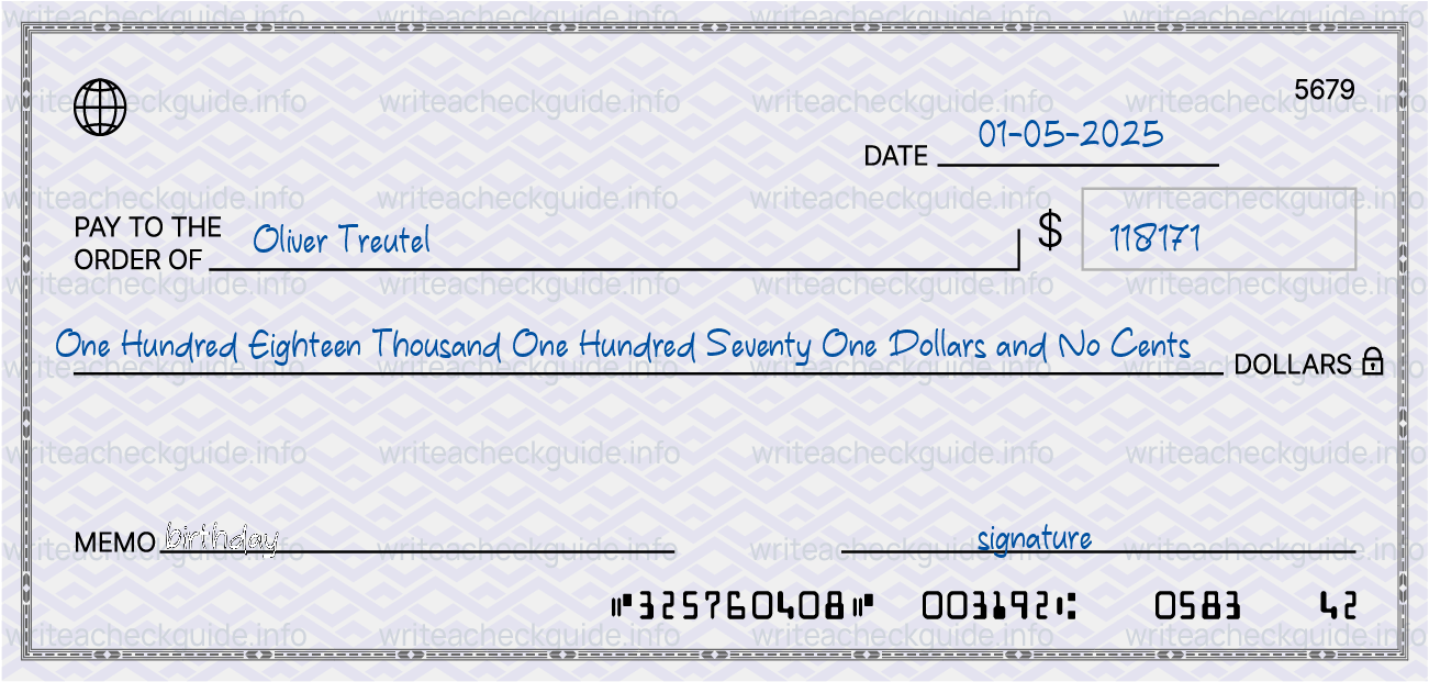 Filled check for 118171 dollars payable to Oliver Treutel on 01-05-2025