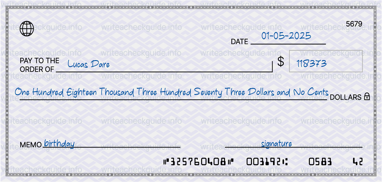 Filled check for 118373 dollars payable to Lucas Dare on 01-05-2025