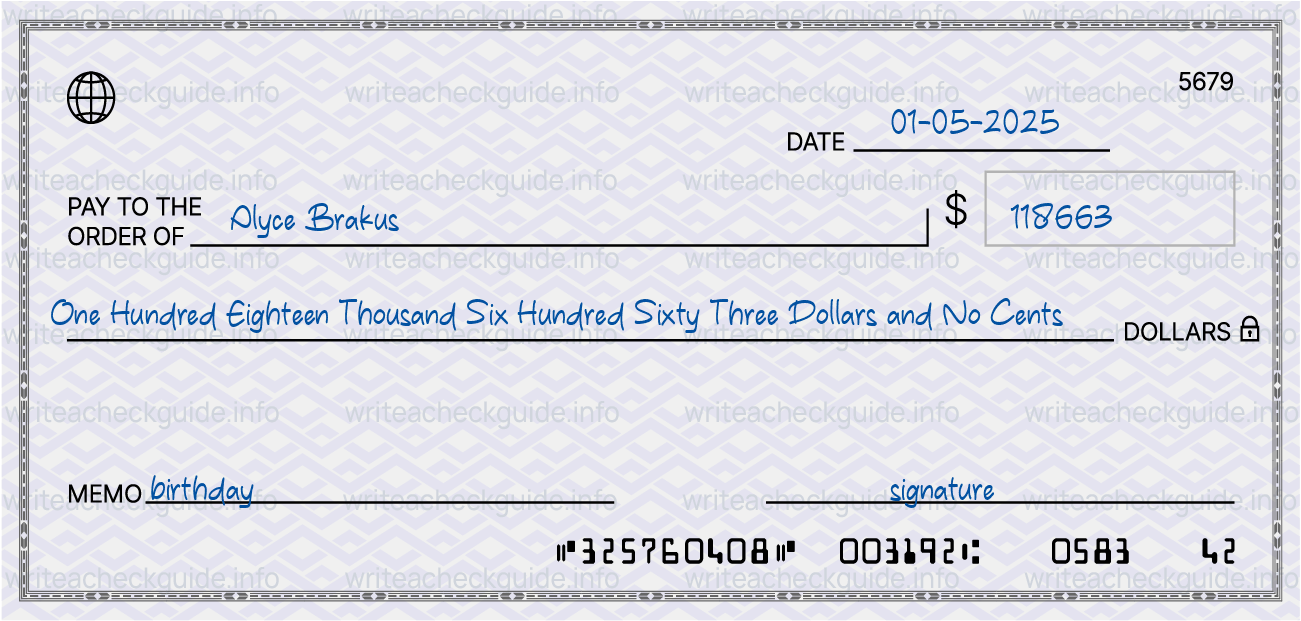 Filled check for 118663 dollars payable to Alyce Brakus on 01-05-2025