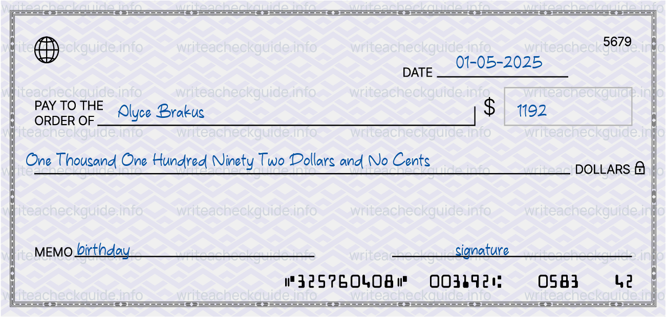 Filled check for 1192 dollars payable to Alyce Brakus on 01-05-2025