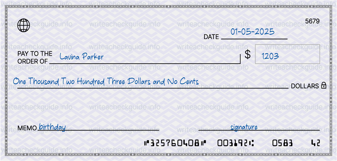 Filled check for 1203 dollars payable to Lavina Parker on 01-05-2025