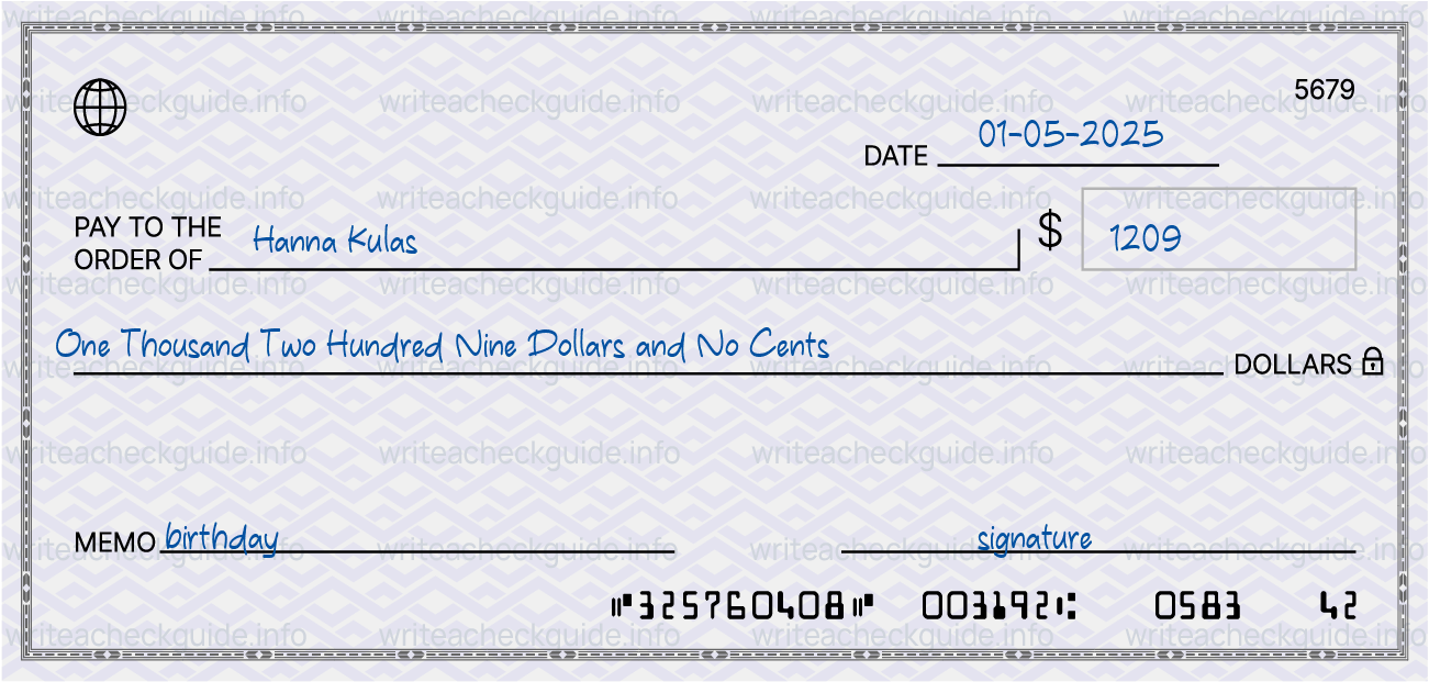 Filled check for 1209 dollars payable to Hanna Kulas on 01-05-2025