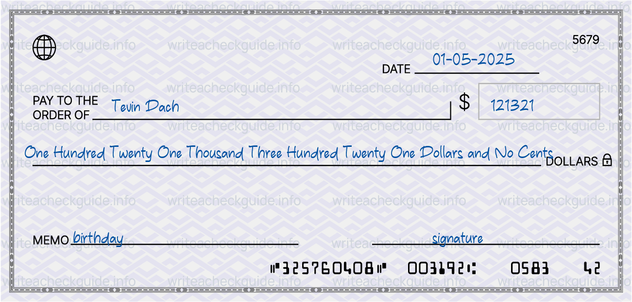 Filled check for 121321 dollars payable to Tevin Dach on 01-05-2025