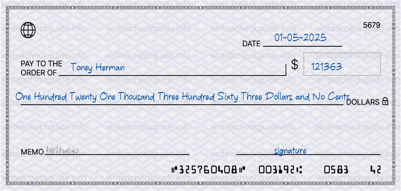 Filled check for 121363 dollars payable to Toney Herman on 01-05-2025