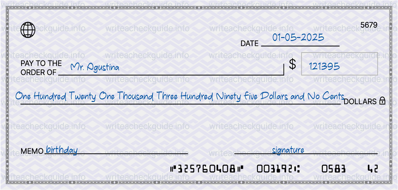 Filled check for 121395 dollars payable to Mr. Agustina on 01-05-2025