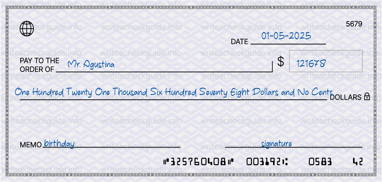 Filled check for 121678 dollars payable to Mr. Agustina on 01-05-2025