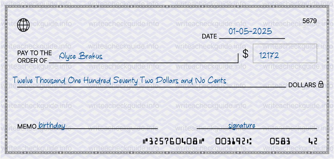 Filled check for 12172 dollars payable to Alyce Brakus on 01-05-2025